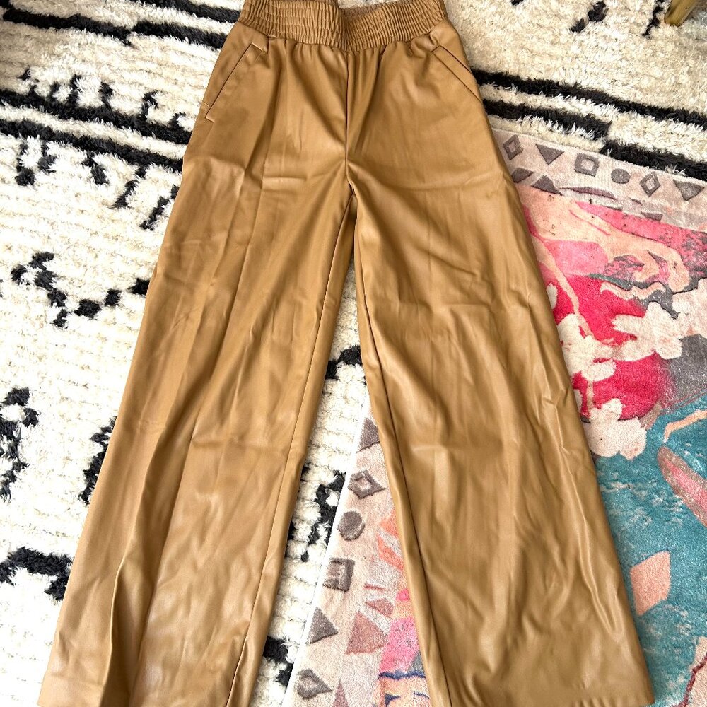 Bar III Camel vegan leather wide leg pants